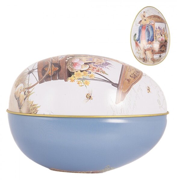 Modrá plechová dóza v tvare vajíčka s králikom Easter Egg - 8*13*8 cm - Clayre & Eef