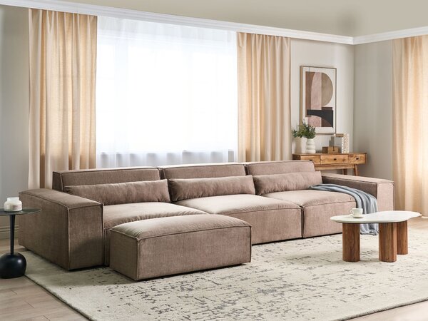 3-miestna modulárna pohovka s taburetom hnedá látkové čalúnenie nohy zo syntetického materiálu minimalistický moderný štýl