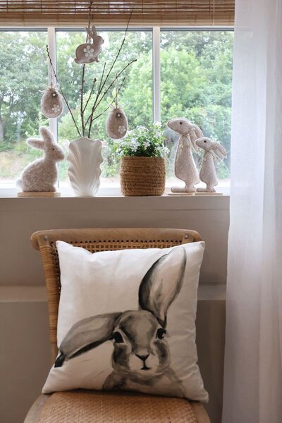 Béžová bavlnená ľanová obliečka na vankúš s králikom Rabbi - 45*45 cm - Chic Antique