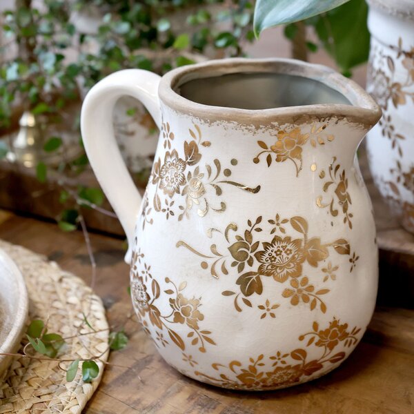 Béžový baňatý keramický džbán so zlatými kvetmi Melun gold - 13*16 cm - Chic Antique