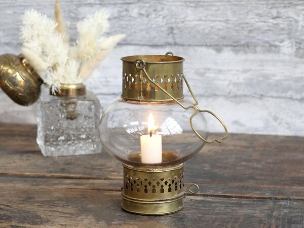 Mosadzná antik kovová lampáš na úzku sviečku - 11*15 cm - Chic Antique