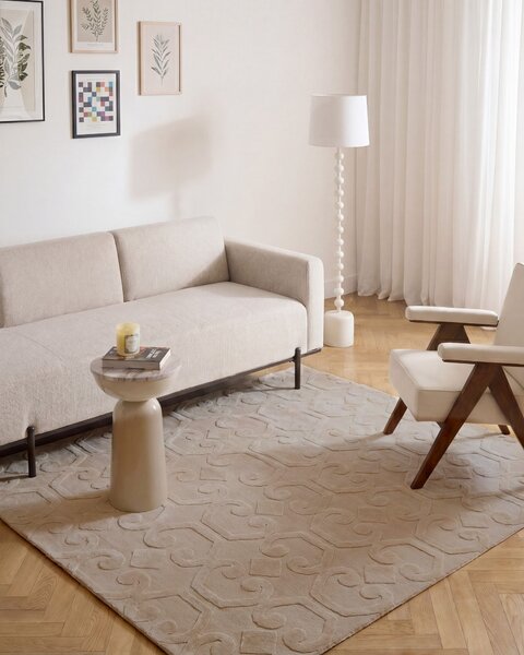 Koberec béžový látka 160 x 160 cm žakárový štvorcový tvar abstraktný vzor moderný štýl obývacia izba spálňa