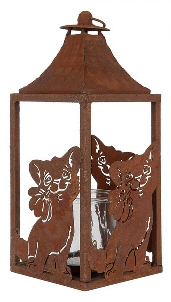 Hrdzavý kovový lampáš s mačkami - 15*15*37 cm - Clayre & Eef