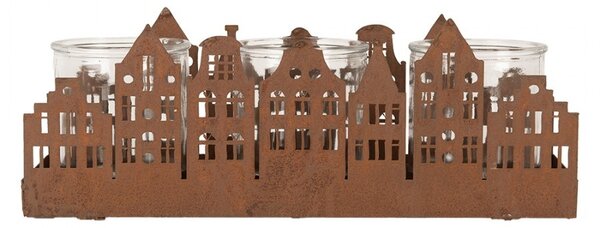 Hrdzavý svietnik v tvare domčekov Brocante rust Amster - 30*9*11 cm - Clayre & Eef