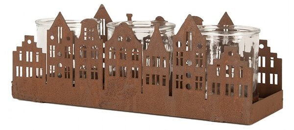 Hrdzavý svietnik v tvare domčekov Brocante rust Amster - 30*9*11 cm - Clayre & Eef