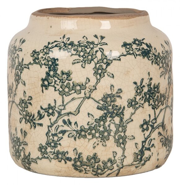 Keramický obal na kvetináč so zelenými kvietkami Gian M - Ø 16*15 cm - Clayre & Eef