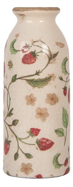Béžová keramická váza s jahôdkami Wild Strawberries - Ø 8*20 cm - Clayre & Eef