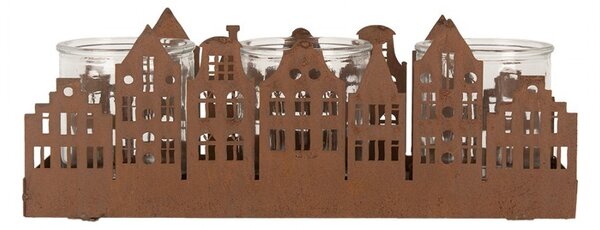 Hrdzavý svietnik v tvare domčekov Brocante rust Amster - 30*9*11 cm - Clayre & Eef