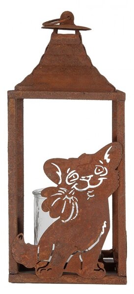 Hrdzavý kovový lampáš s mačkami - 15*15*37 cm - Clayre & Eef