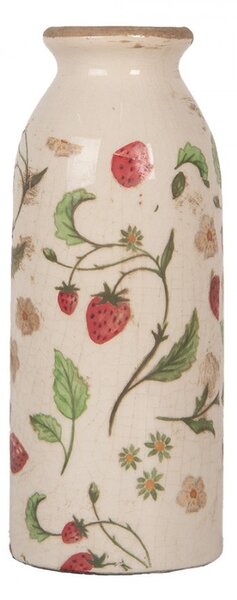 Béžová keramická váza s jahôdkami Wild Strawberries - Ø 8*20 cm - Clayre & Eef