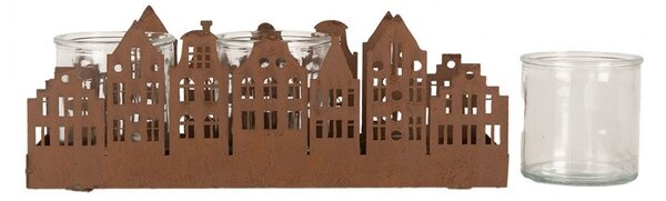 Hrdzavý svietnik v tvare domčekov Brocante rust Amster - 30*9*11 cm - Clayre & Eef