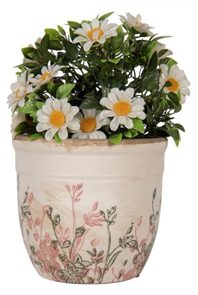 Béžový antik keramický obal na kvetináč s ružovo-zelenými kvetmi - Ø 13*11 cm - Clayre & Eef