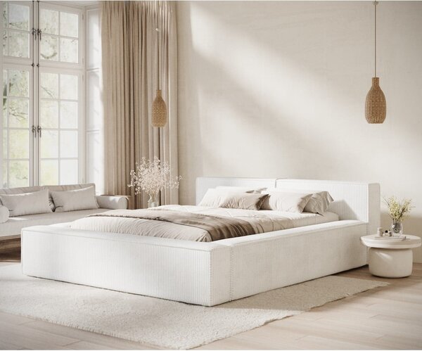 Krémová čalúnená dvojlôžková posteľ s úložným priestorom s roštom 160x200 cm Voliera – Maison de Rêve