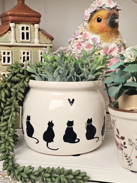 Béžový obal na kvetináč s mačkami a srdiečkom Dog&Cat - Ø 12*10 cm - Clayre & Eef