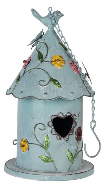 Modrá závesná kovová dekorácia vtáčia búdka s kvetmi - 16*19*29 cm - Clayre & Eef