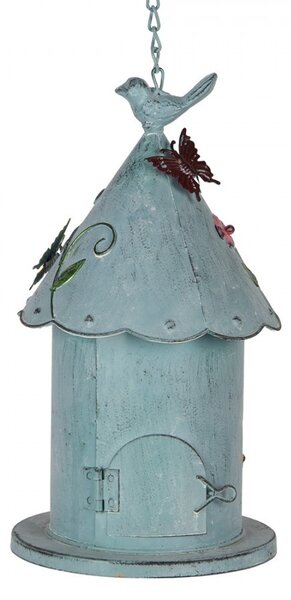 Modrá závesná kovová dekorácia vtáčia búdka s kvetmi - 16*19*29 cm - Clayre & Eef
