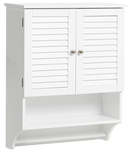 Nástenná kúpeľňová skrinka biela MDF s dvierkami otvorenou policou a vešiakom na uteráky 60 x 22 cm moderný štýl kúpeľňa