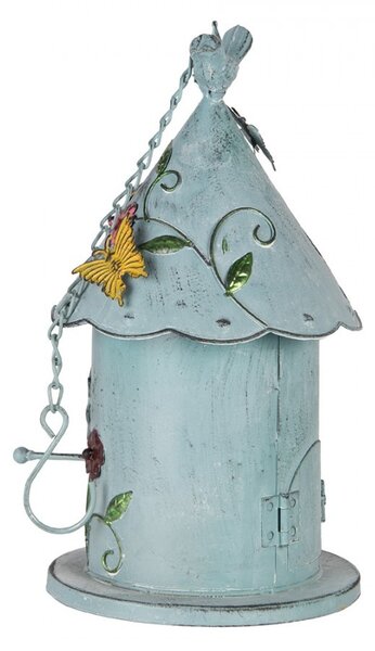 Modrá závesná kovová dekorácia vtáčia búdka s kvetmi - 16*19*29 cm - Clayre & Eef