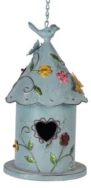 Modrá závesná kovová dekorácia vtáčia búdka s kvetmi - 16*19*29 cm - Clayre & Eef
