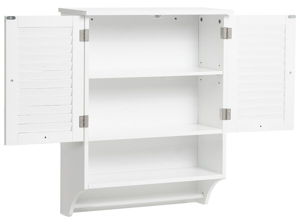 Nástenná kúpeľňová skrinka biela MDF s dvierkami otvorenou policou a vešiakom na uteráky 60 x 22 cm moderný štýl kúpeľňa