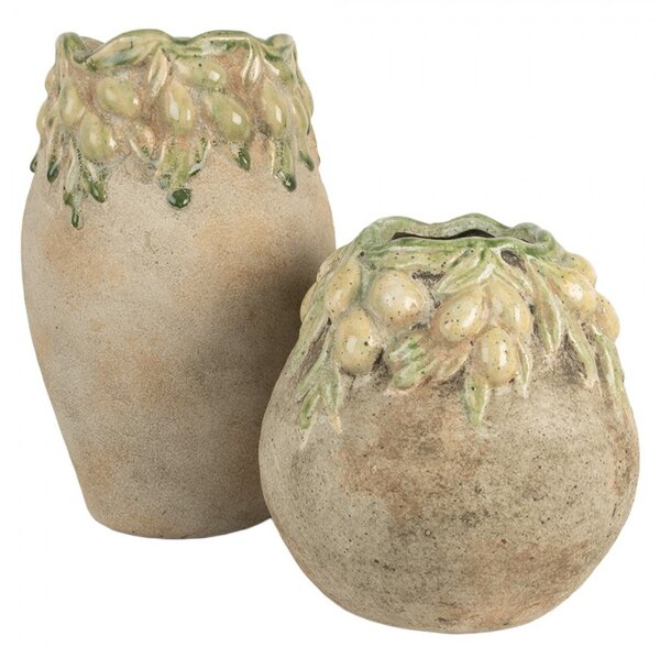 Béžový antik terakotový obal na kvetináč s olivami Olives - Ø 18*18 cm - Clayre & Eef