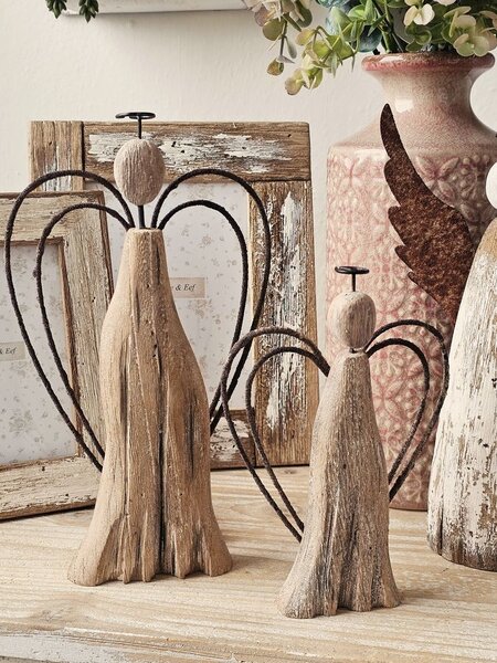 Hnedá dekorácia drevená figúrka anjel Angel Rustic M - 12*3*18 cm - Clayre & Eef