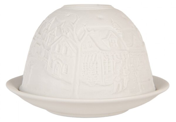 Biely porcelánový svietnik na čajovú sviečku s domčekmi Paollo - Ø 12*8 cm - Clayre & Eef