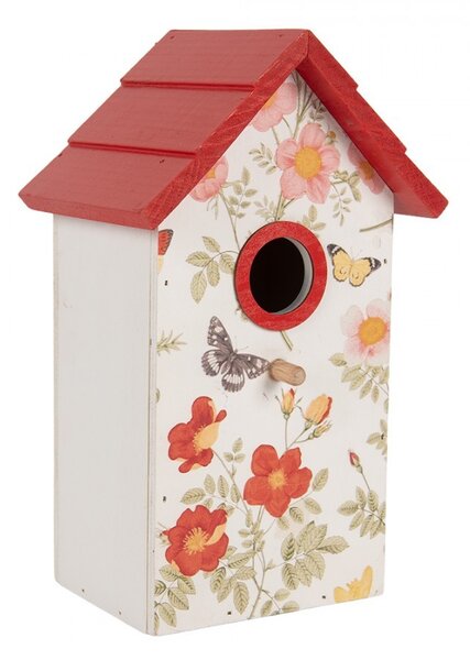Bielo-červená dekoračná vtáčia búdka s kvetmi Birdhouse - 15*10*22 cm - Clayre & Eef