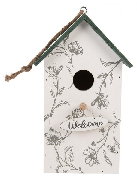 Zeleno-biela drevená vtáčia búdka s kvetmi Birdhouse - 15*10*22 cm - Clayre & Eef