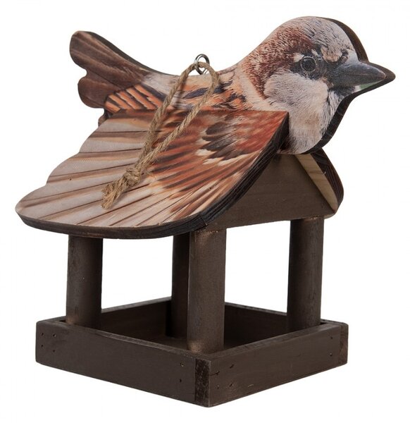 Hnedé drevené závesné krmítko pre vtáčiky s dekorom vrabčiaka - 17*25*21 cm - Clayre & Eef