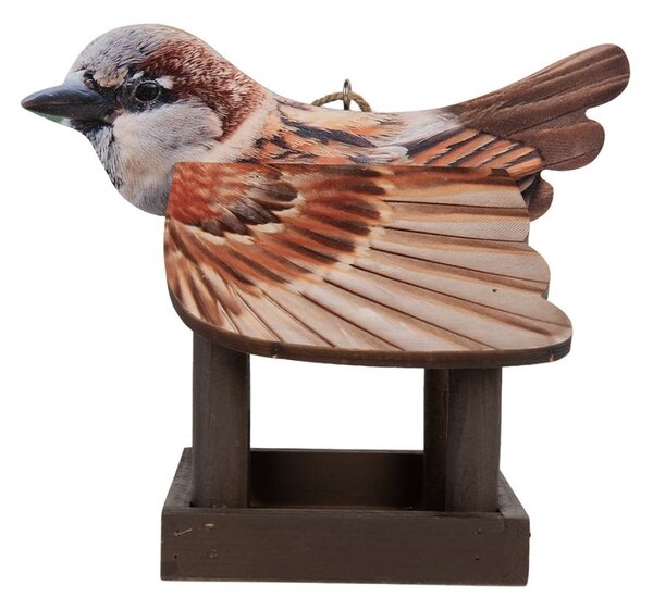 Hnedé drevené závesné krmítko pre vtáčiky s dekorom vrabčiaka - 17*25*21 cm - Clayre & Eef