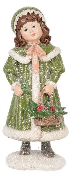 Dekorácia dievča v zelenom plášti držiaca košíček a zdobená trblietkami - 8*9*18 cm - Clayre & Eef