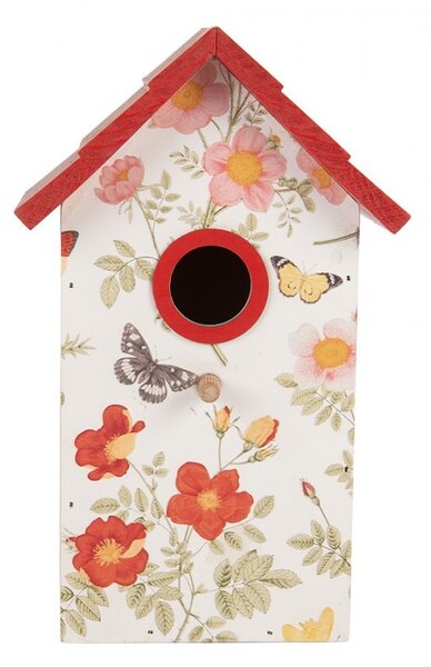 Bielo-červená dekoračná vtáčia búdka s kvetmi Birdhouse - 15*10*22 cm - Clayre & Eef