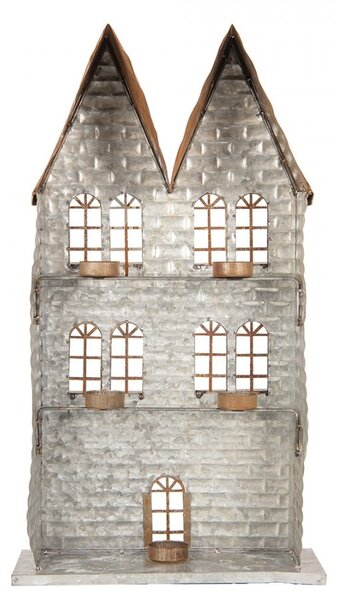 Šedý antik kovový svietnik domček na 5 čajových sviečok Gian - 30*13*54 cm - Clayre & Eef