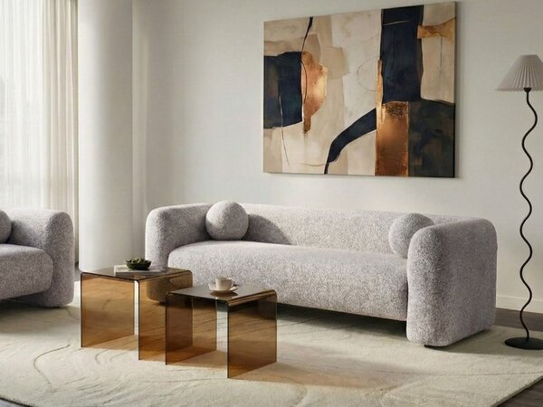 Pohovka béžová látkové čalúnenie 3-miestna extra vankúše retro glamour art deco štýl obývačka