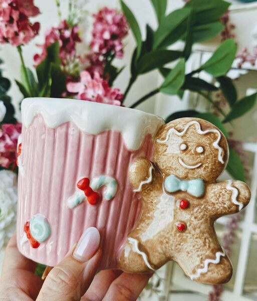 Ružový keramický hrnček s perníčkom Gingerbread - 15*10*10 cm / 350 ml - Clayre & Eef