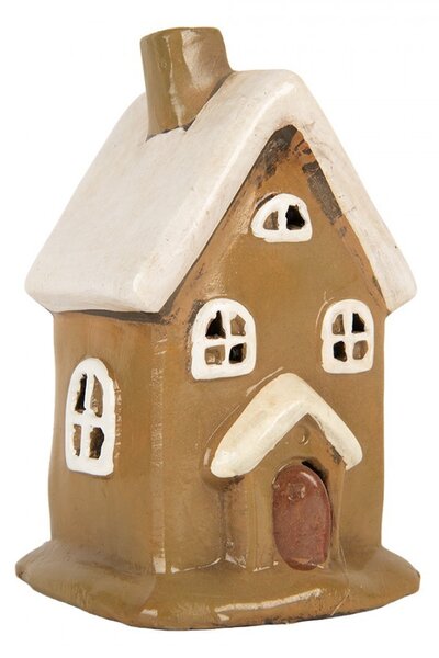 Hnedý keramický svietnik na čajovú sviečku domček Village - 10*10*16 cm - Clayre & Eef