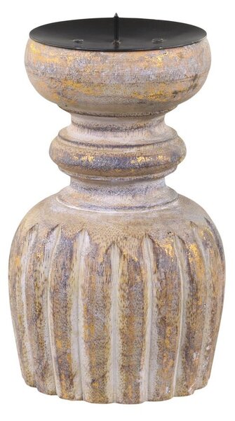 Zlato-prírodný antik drevený svietnik na stĺpovitú sviečku - Ø 9*15 cm - Chic Antique