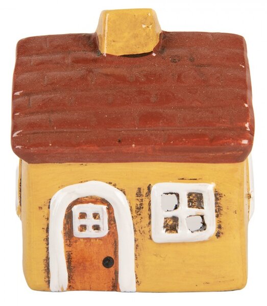 Žltý keramický svietnik na čajovú sviečku domček Village - 8*7*10 cm - Clayre & Eef