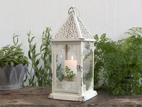 Krémová antik kovová lampáš so zdobením French - 18*18*43 cm - Chic Antique