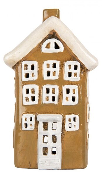 Hnedý keramický svietnik na čajovú sviečku domček Village - 12*8*20 cm - Clayre & Eef