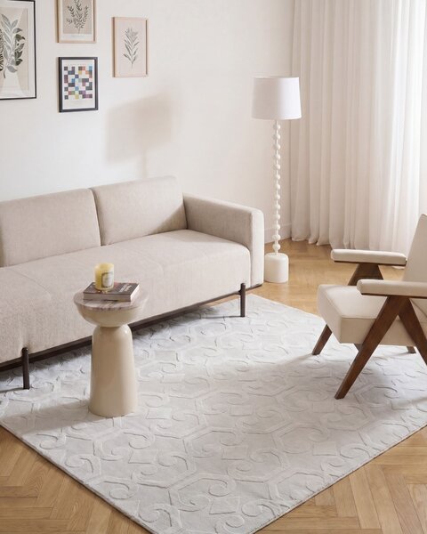 Koberec svetlosivý látka 160 x 160 cm žakárový štvorcový tvar abstraktný vzor moderný štýl obývacia izba spálňa