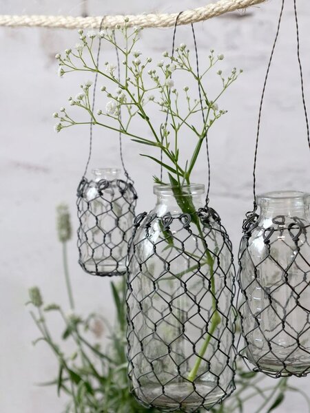Závesná sklenená dekoračná vázička s drôtikom Fil de Fer - Ø 4*7 cm - Chic Antique