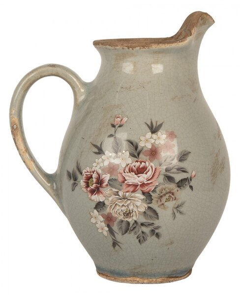 Šedý dekoračný keramický džbán s kvetmi Floria S - 16*12*18 cm - Clayre & Eef
