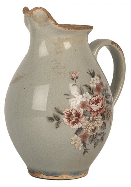 Šedý dekoračný keramický džbán s kvetmi Floria S - 16*12*18 cm - Clayre & Eef