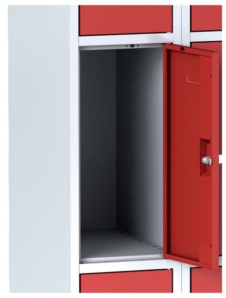 Šatníková skrinka S6 na sokli s úložnými boxami, 9 boxov, 1920 x 900 x 500 mm, cylindrický zámok, sivé dvere