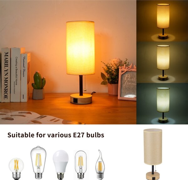Brilagi - Stolná lampa s USB portom TABLON 1xE27/25W/230V dub/čierna/béžová