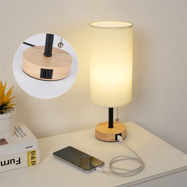 Brilagi - Stolová lampa s USB portom TABLON 1xE27/25W/230V dub/čierna/krémová