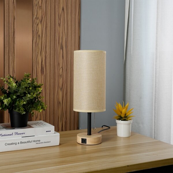Brilagi - Stolná lampa s USB portom TABLON 1xE27/25W/230V dub/čierna/béžová
