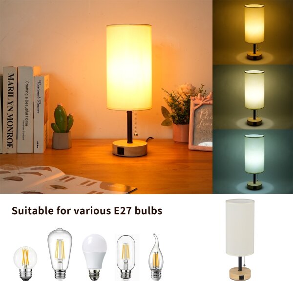 Brilagi - Stolová lampa s USB portom TABLON 1xE27/25W/230V dub/čierna/krémová